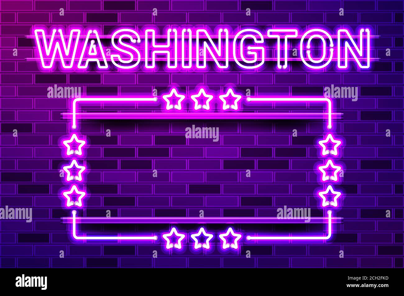 Washington US State lettrage violet fluo lumineux et un cadre rectangulaire avec des étoiles. Illustration vectorielle réaliste. Mur de briques violets, violet phosphorescent, m Illustration de Vecteur