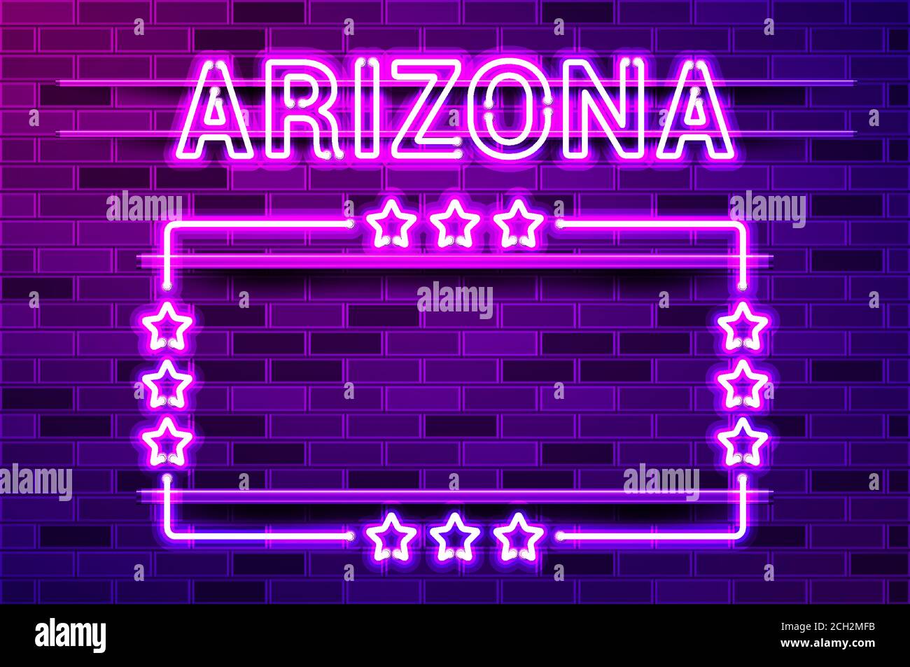 Arizona États-Unis lettres fluo violets et un cadre rectangulaire avec étoiles. Illustration vectorielle réaliste. Mur de briques violettes, lueur violette, META Illustration de Vecteur