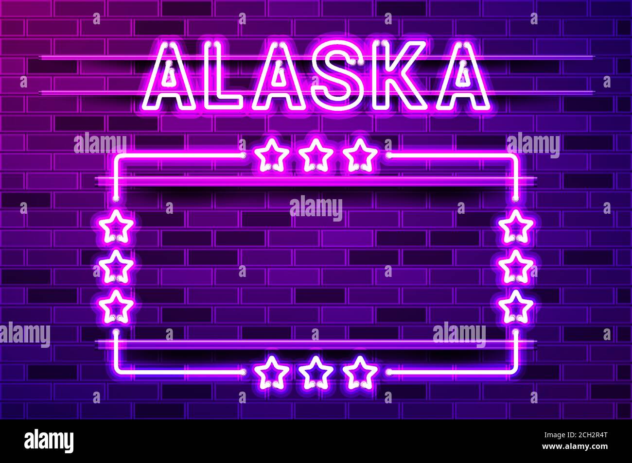 Alaska États-Unis lettrage au néon violet brillant et cadre rectangulaire avec étoiles. Illustration vectorielle réaliste. Mur de briques violets, violet phosphorescent, métal Illustration de Vecteur