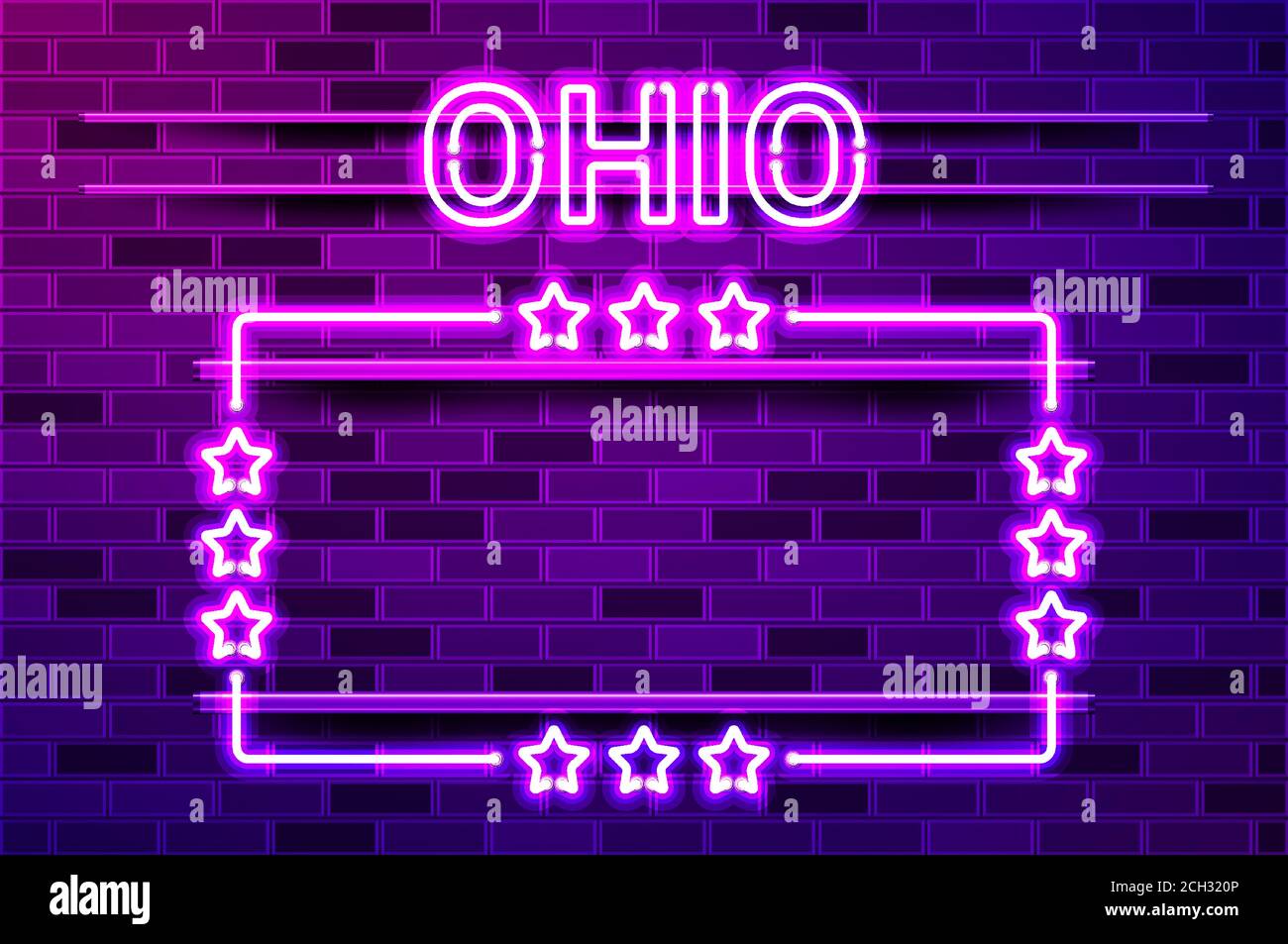 Ohio US State lettrage au néon violet brillant et un cadre rectangulaire avec des étoiles. Illustration vectorielle réaliste. Mur de briques violets, violet phosphorescent, métal h Illustration de Vecteur