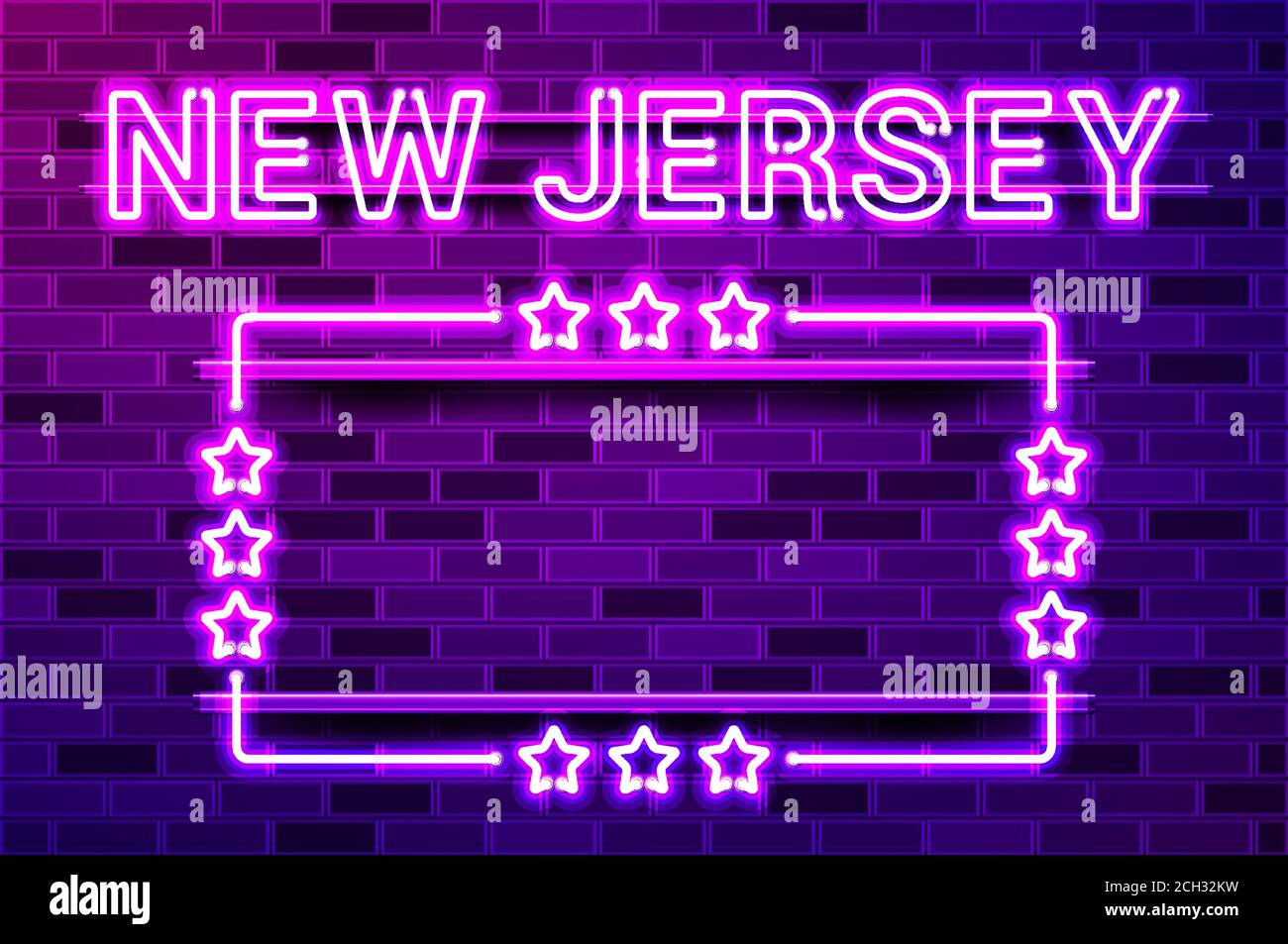New Jersey US State lettrage violet fluo lumineux et un cadre rectangulaire avec des étoiles. Illustration vectorielle réaliste. Mur de briques violets, violet phosphorescent, m Illustration de Vecteur