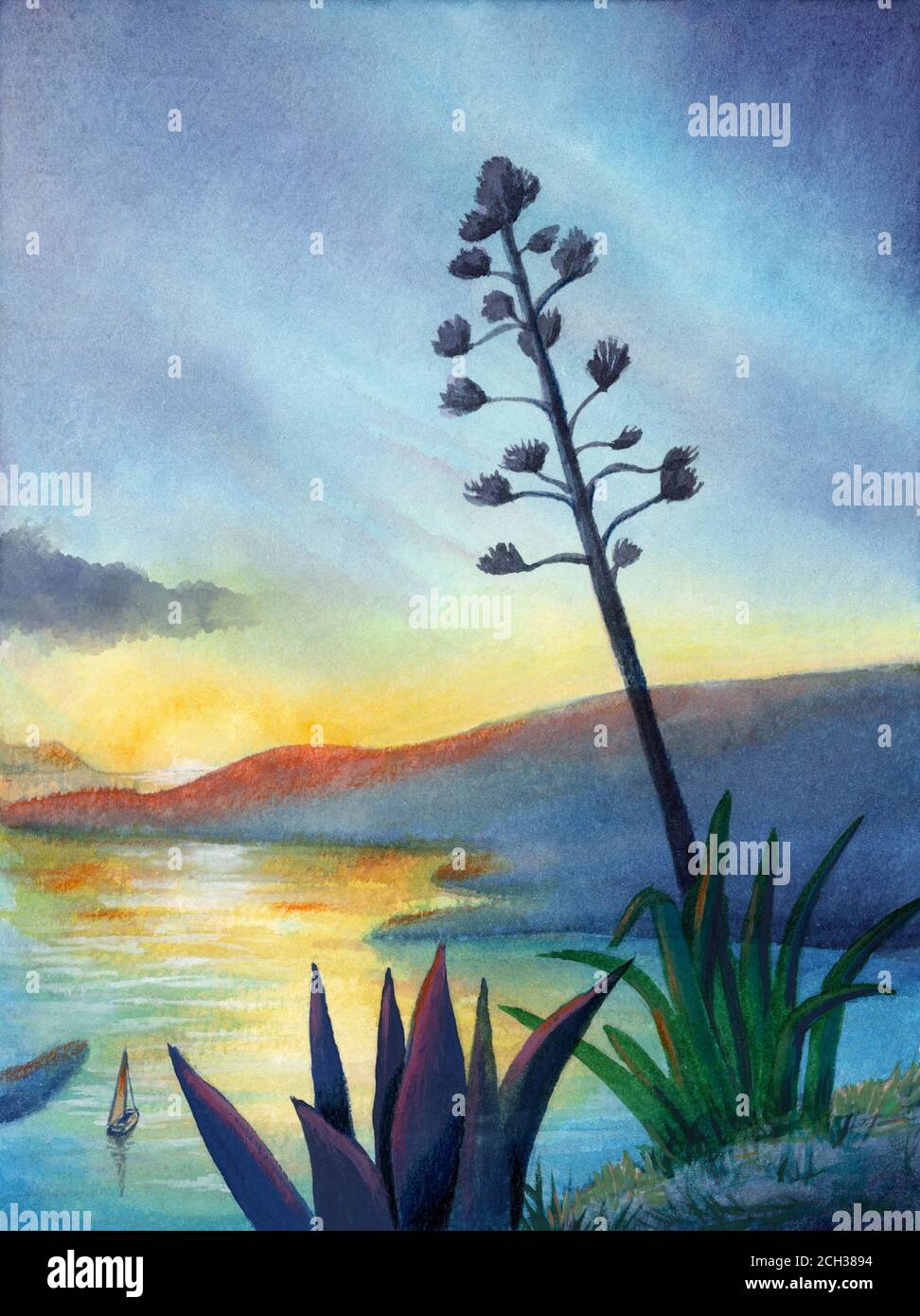 Peinture aquarelle d'un paysage marin au coucher du soleil. Illustration traditionnelle sur papier. Banque D'Images