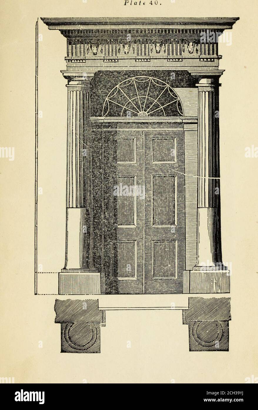. L'instructeur de l'étudiant dans le dessin et le travail : les cinq ordres d'architecture : expliquer entièrement les meilleures méthodes pour frapper des moulures régulières et excentriques, pour diminuer et coller des colonnes et des capitales, pour trouver le diamètre réel d'un ordre à n'importe quelle hauteur, pour frapper le volute ionique, circulaire ou elliptique, avec des exemples finis, sur une grande échelle, des ordres, de leurs placeurs, etc. et quelques dessins pour porte-caisses . 45 DESSINS POUR LES CAISSES DE PORTE.PLAQUE XXXIX.est un dessin pour une caisse de porte de la commande toscane. 46 PLAQUE XL.est une conception pour une porte-caisse de la commande doric. DORIC Banque D'Images