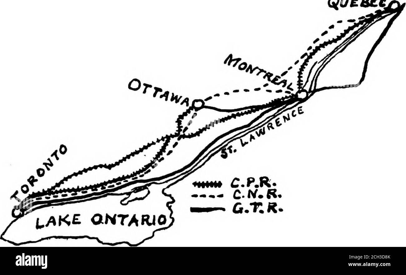 . Le problème des chemins de fer canadiens . SoDTR Afkicah chemin de fer SriTBii les chemins de fer d'Afrique du Sud sont remarcablywell distribués, mais il n'y a pas de duplication de trunklines entre n'importe quelle chaîne importante de villes. Comme en Inde, bon nombre des lignes de desserte et de dérivation sont DES routes DE gange étroites et économiques DE L'ANNEXE 253. Voir la description de l'origine de la propriété du sous-gouvernement des chemins de fer du Cap. Queaet^. •— c.r.K. La carte ci-dessus de la situation ferroviaire entre Toronto, Ottawa et Montréal illustre la conception du service national en tant que propriété pri-vate. Les lignes concurrentes parallèles entre ces citie Banque D'Images
