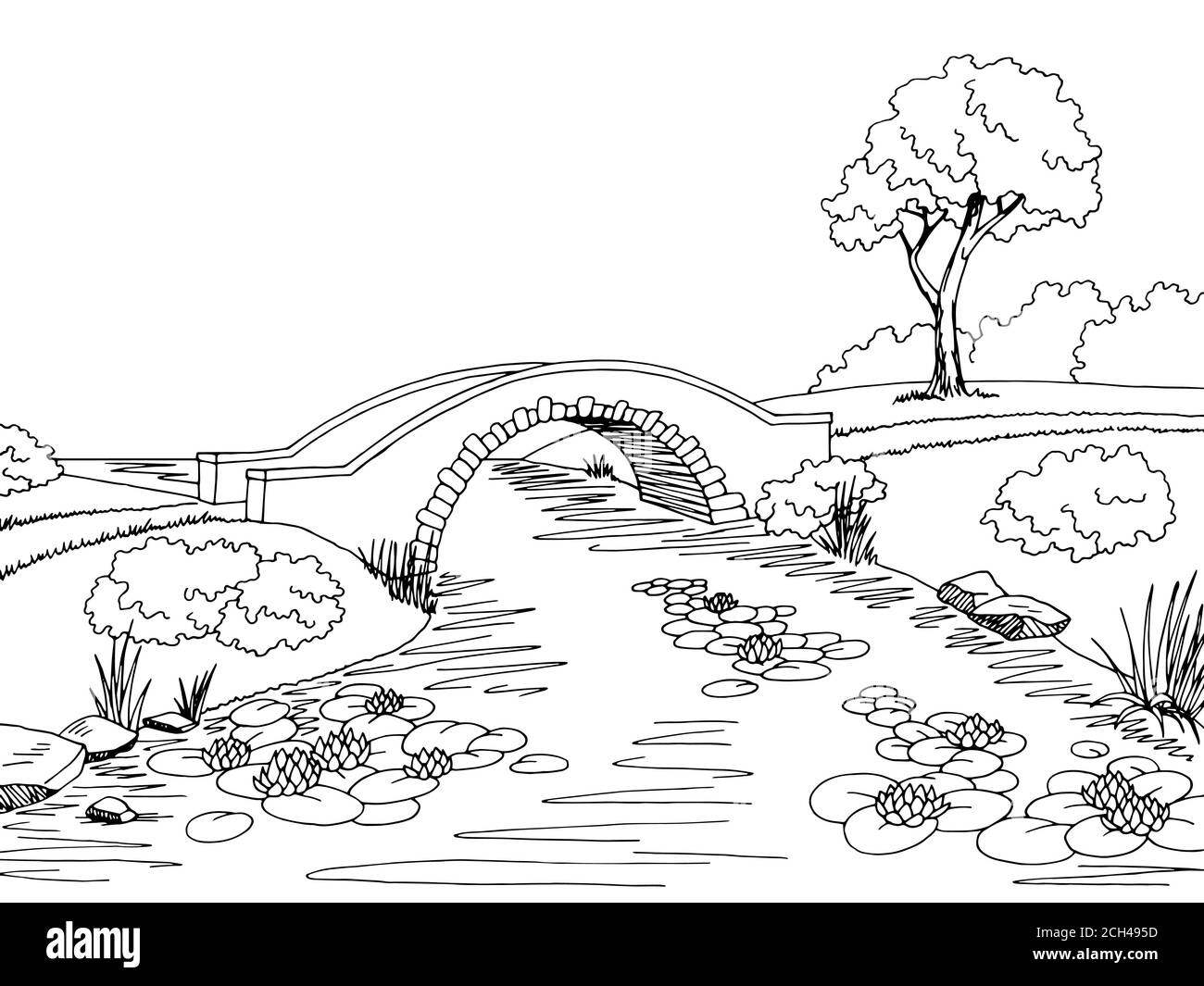 Schéma de pont noir blanc paysage illustration vecteur Illustration de Vecteur