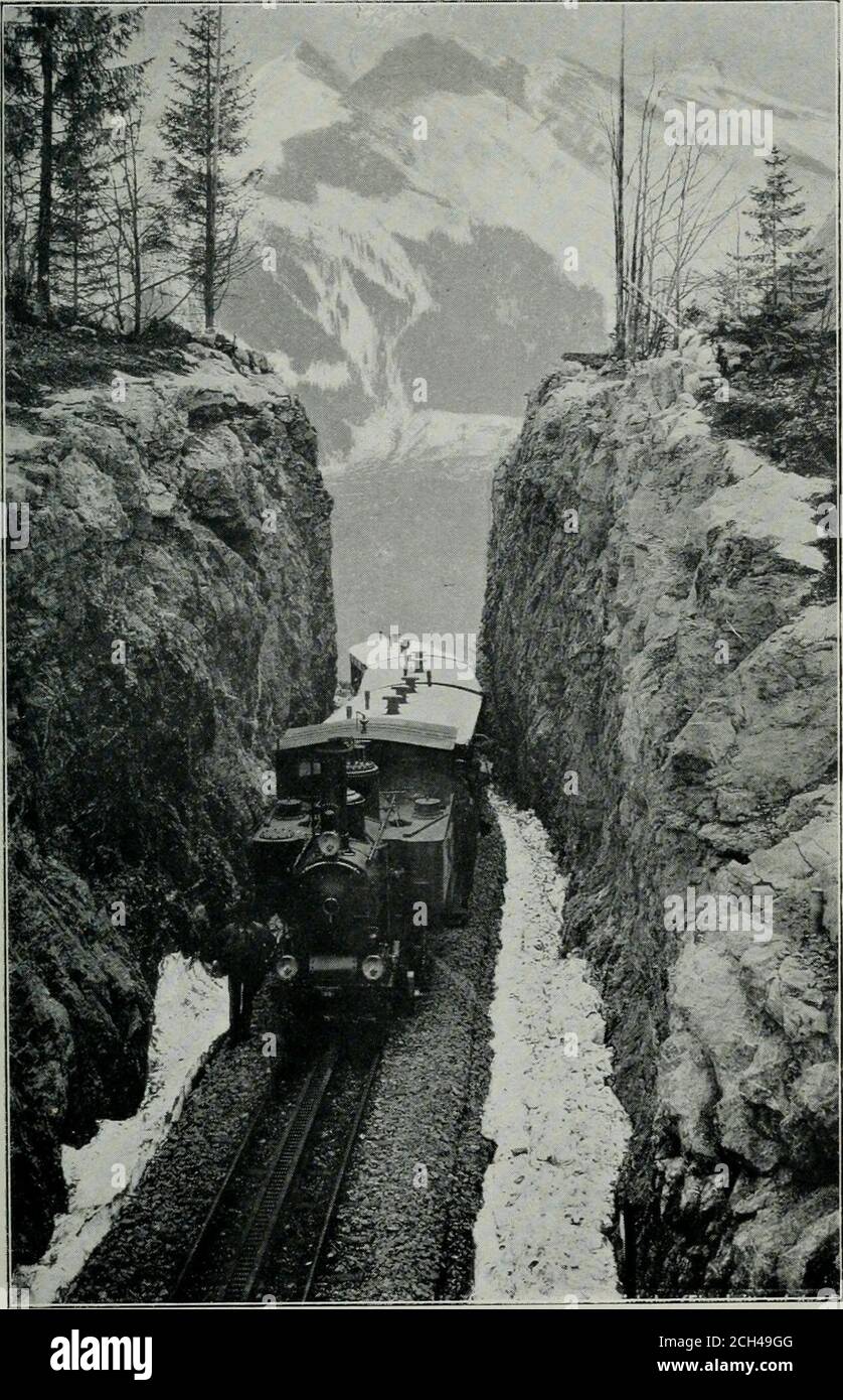 . Le romantisme de la locomotion moderne; contenant des descriptions intéressantes (en langage non technique) de la montée et du développement des systèmes ferroviaires dans toutes les parties du monde . a rendu les touristes timides d'elle, Mais maintenant, il est muchpatroné comme un épargnant de temps et de fatigue corporelle à ceux qui sont ambitieux pour atteindre le plus haut point Angleterre et pays de Galles. Des petites locomotives occupées de 150 h.p. poussent deux wagons, capables d'accommo-dating plus de 100 personnes, vers le haut de la pente en environ une heure. Le système de rail de rack utilisé est nommé après son inventeur, M. Abt. Cette crémaillère se compose de deux autres rails dentés parallèles l Banque D'Images