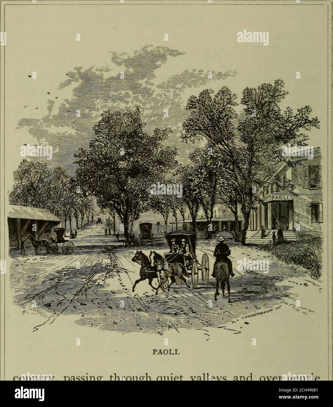 . Les stations suburbaines et les maisons rurales sur le chemin de fer de Pennsylvanie . Side—si près à certains points que l'awall ou la clôture est nécessaire pour les séparer—et ils continuent jusqu'à ce que Paoli soit atteint. La nature semble avoir réglé la question technique de l'emplacement ici, car toutes les lignes de communication entre l'est et l'ouest, de la piste indienne à la route de chemin de fer de Pennsylvanie, ont passé sur cette même route. En regardant vers le nord depuis les voitures, lorsqu'elles passent le long de cette étendue d'eleva-tion, on peut parfois voir des vues sur la vallée de Chester, en s'ouvrant comme des images à l'observateur. PAOLI, Nineteen miles fro Banque D'Images