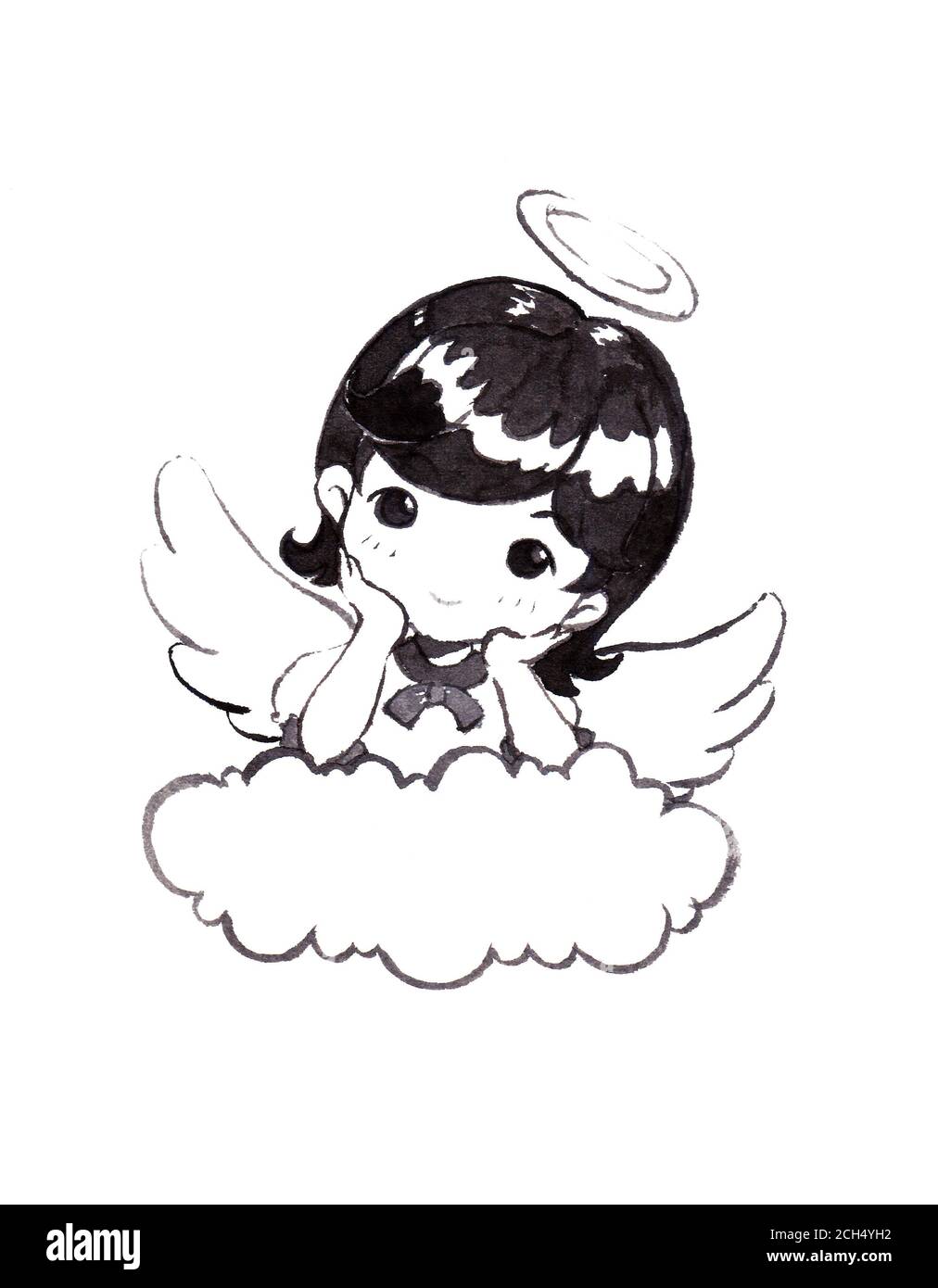 Une jolie ange fille aux cheveux noirs a posé son coude sur le nuage. Peint à la main Illustration sur fond blanc. Banque D'Images