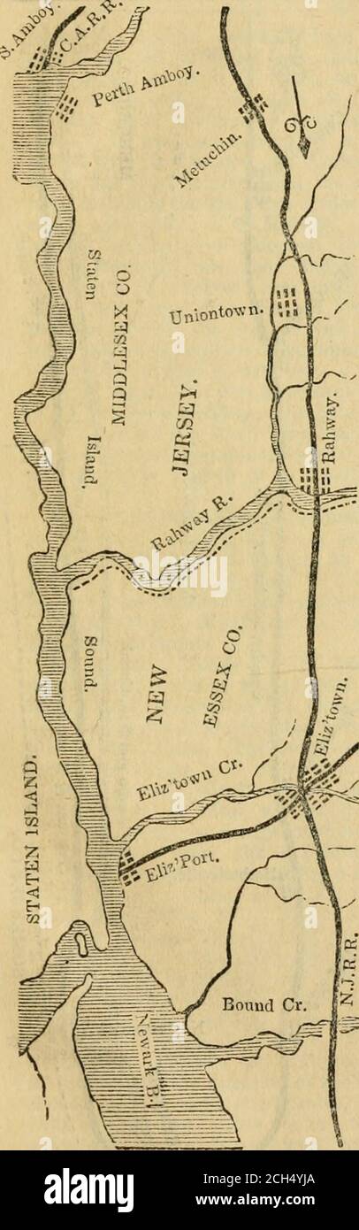 . Le guide de chemin de fer de Wilson de New-York à Washington; avec des cartes de New York, Philadelphie et Baltimore; et des cartes de section des itinéraires . son entrée dans le détroit de StateuIsland; est régulièrement aménagé, contient un palais de justice, prison, banque, otfice d'assurance, plusieurs églises, un certain nombre de manufactures ; environ.500 logements, beaucoup d'entre eux propres et élégants; et environ 2.500 inha-bitants. Son gouvernement ressemble à celui d'une ville, ayant u maire, enregistreur, aldermen et autres officiers de ville. Il a également un code de com-mcm ]ileas, et des sessions générales holden quatre fois par an, avec une juridiction comme à Banque D'Images