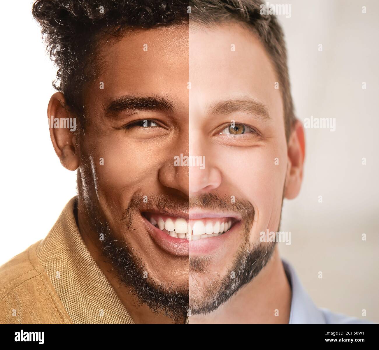 Portrait de comparaison des hommes afro-américains et caucasiens. Arrêter le racisme Banque D'Images