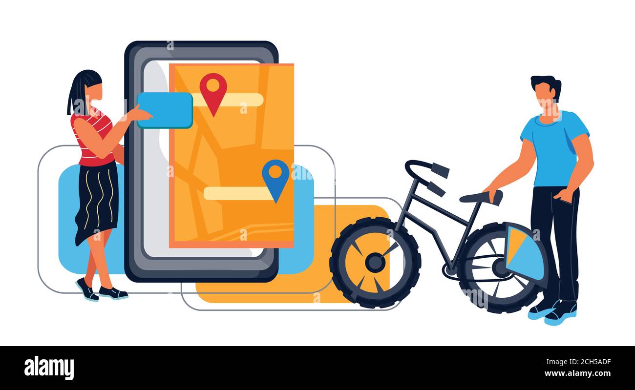 Partage de vélo et bannière de location de vélo avec les personnes. Illustration de Vecteur
