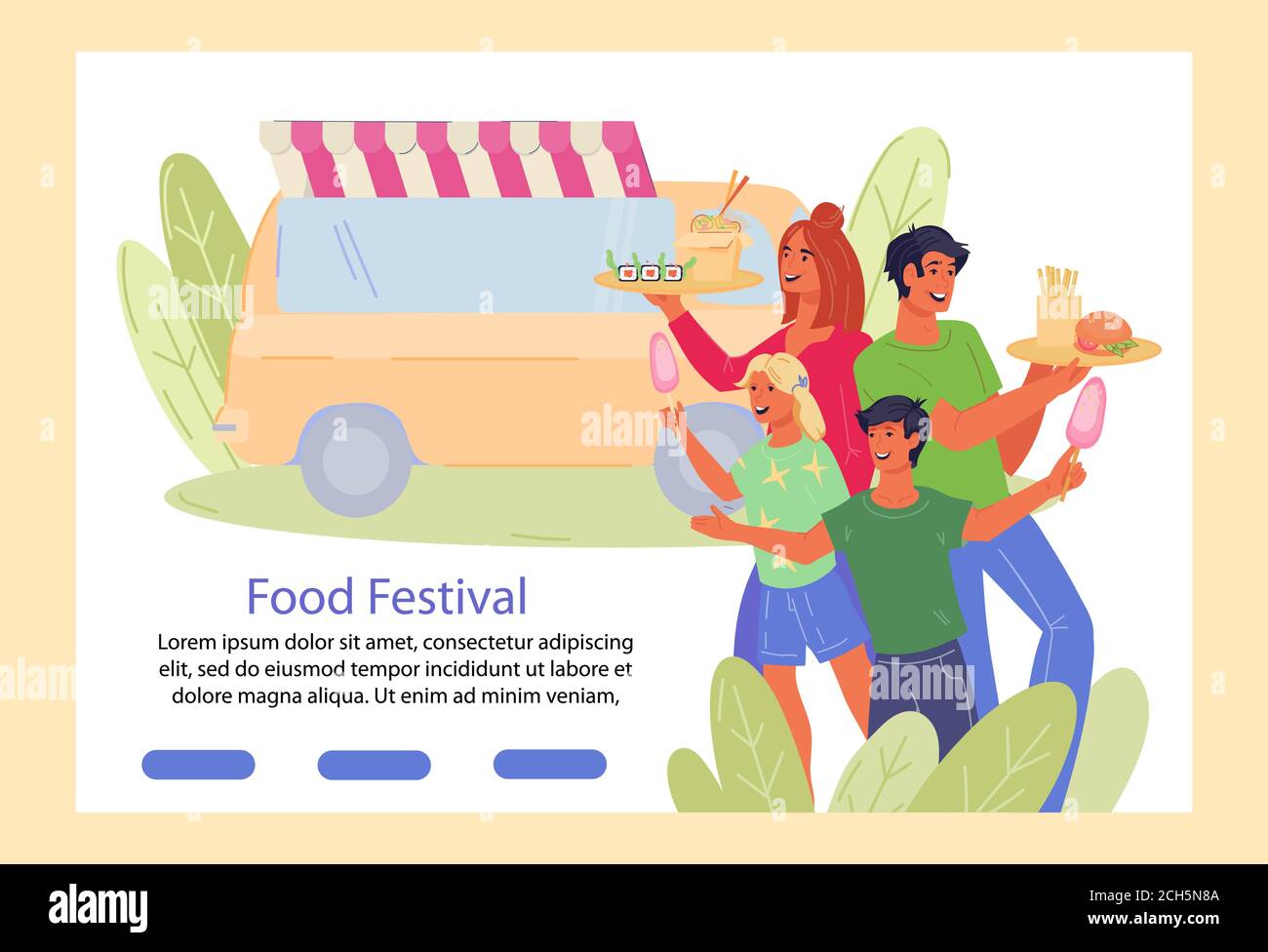 Bannière du festival de la nourriture de rue avec camion et personnes. Illustration de Vecteur