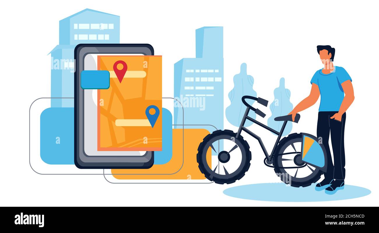 Le partage de vélo et le concept de location de vélos avec l'homme. Illustration de Vecteur