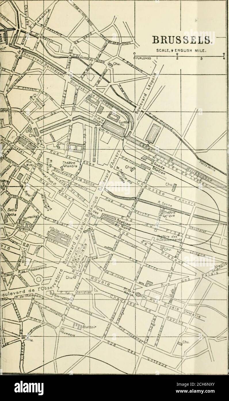 . Un guide illustré et descriptif des grands chemins de fer d'Angleterre et de leurs connexions avec le continent . Cathédrale Saint-Michel .. .. 64 Custom House 37 Bureau de poste général .. 45 Hovital St. Jean 66 HuTEL DE ville ..jardin DE BOTANIQUE jardin Zoologiqve ..Palais des Rois Musée des antiquités ..Palais de Justice (ancien)Palais de Justice (Nouveau)Palais Ducal , ace dans la liste sous-jointe, indique la position de la place telle que place occupe sur le ^fap. 5 5 7 8. BRUXELLES.— ÉCHELLE,* MILLE ENGUSH. —I 5 1 alms pe la Nation .. 74 ation of llxembocrg. 82 ation Di; midi 12 Iation DU Noro 57 Theatkk hes Vak Banque D'Images