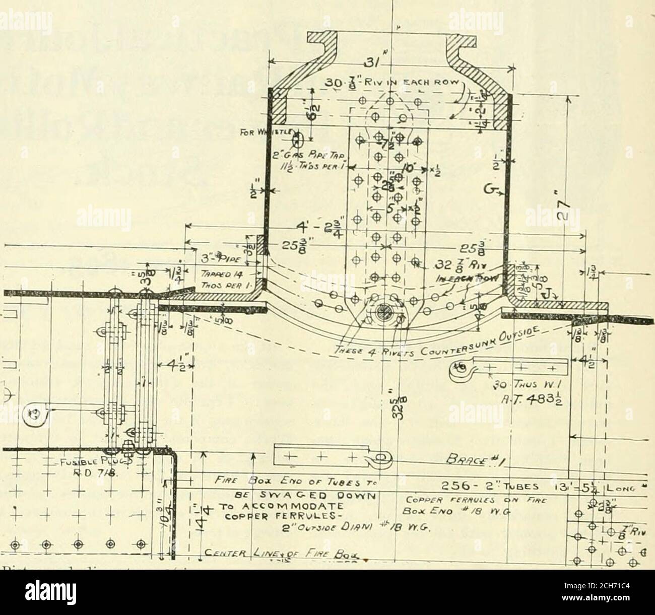 . Ingénierie de locomotive : un journal pratique de force motrice et de matériel roulant ferroviaire . i in.profondeur à l'arrière, 5 pi ijs in.épaisseur des plaques latérales et arrière, f^ in.épaisseur de la feuille de tube, y^ in.f.superficie de taux, 31.6 pi.épaisseur de la feuille de couronne, y% in.Staybress, diamètre, i in. Et i in.espace d'eau, Largeur avant et arrière, 4 po. D'espace aquatique, largeur côtés, 3 po. 3 VZ dans la tige de piston, diamètre. Forme des guides et de la traverse, forme horizontale en H.bielle, longueur entre les centres 9 pi I V in. Iibes— Numéro, 2S6. Diamètre 2 po. Pas, 24 po. Pignon de vanne— orifices de vapeur, orifices de vapeur haute pression, basse pression, Banque D'Images