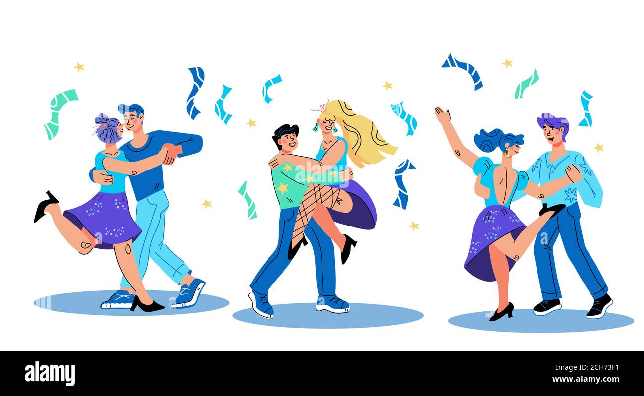 Bannière de fête de danse avec personnages de danse, vecteur. Illustration de Vecteur