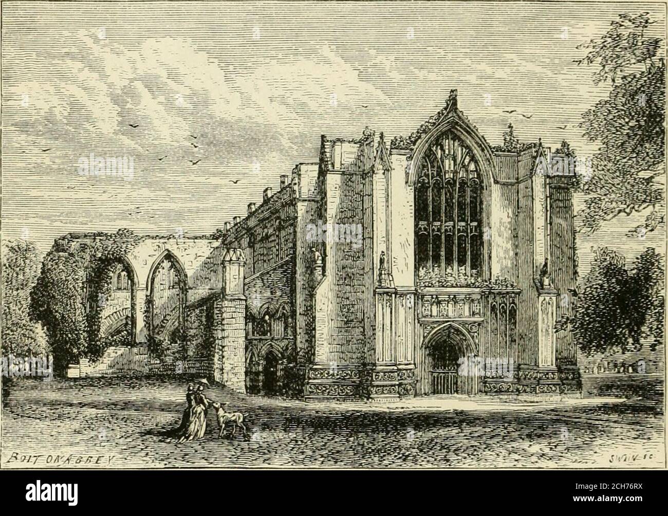 . Un guide illustré et descriptif des grands chemins de fer d'Angleterre et de leurs connexions avec le continent . ^i^- PRIEURÉ DE BOLTON. En arrivant de Bolton depuis Ilkley, la vue est singulièrement charmante. À droite est Beamsley Beacon, et au-delà sont la colline noble de Simons Seat, les terres de prairie de therich, les bois profonds de Bolton, la rivière qui coule le long de la glorieuse vallée de Wharfe, et au centre de la scène les ruines de l'abbaye de Bolton, avec un air de beauté, de solitude, et de poser, que leavesnothing à être désiré. L'histoire a souvent été racontée de la fondation du célèbre Prieuré. OneDay, plus encore Banque D'Images