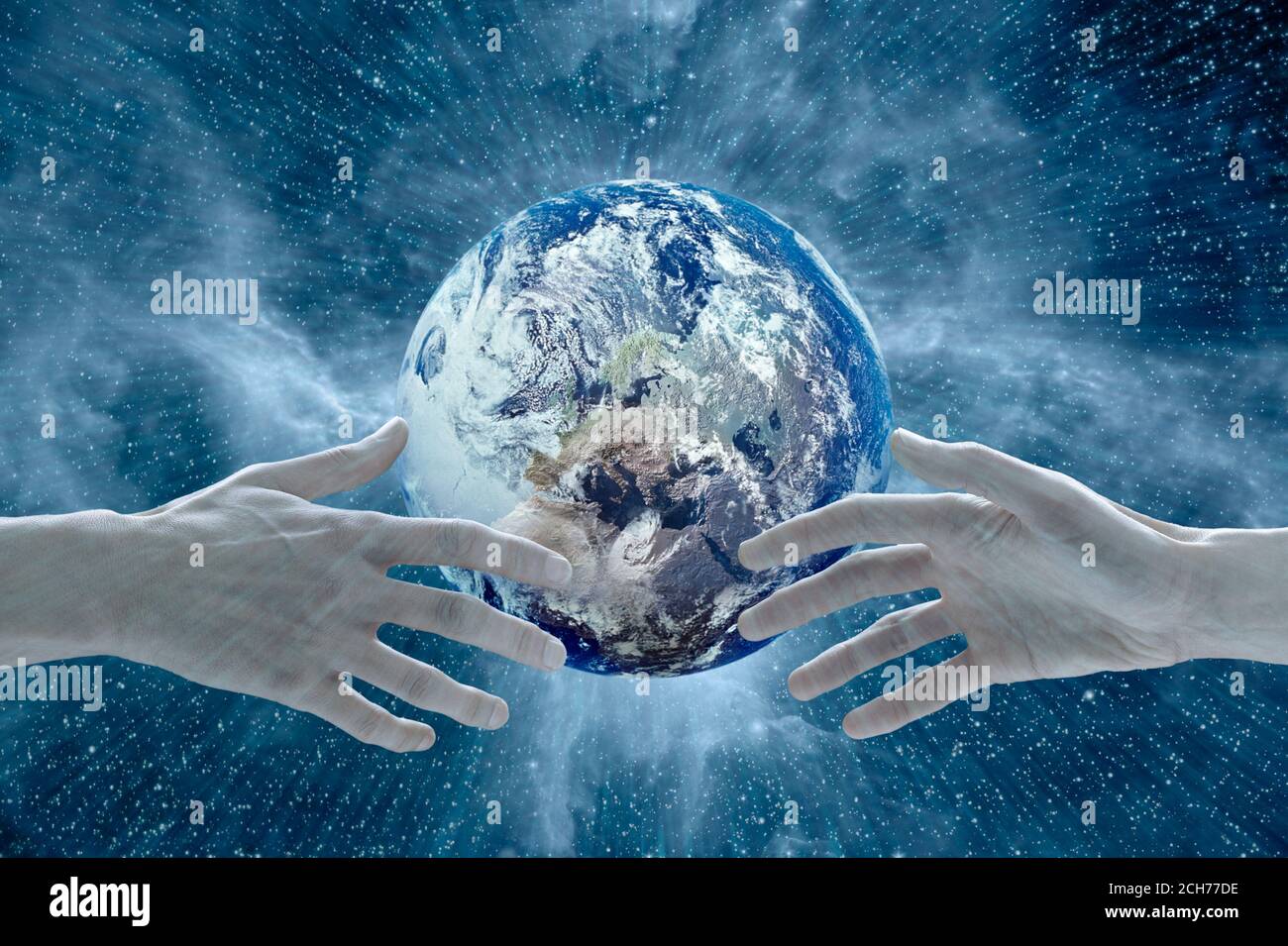 Les mains tremblantes ont uni le concept de paix sur Terre avec la coopération mondiale étoiles Banque D'Images