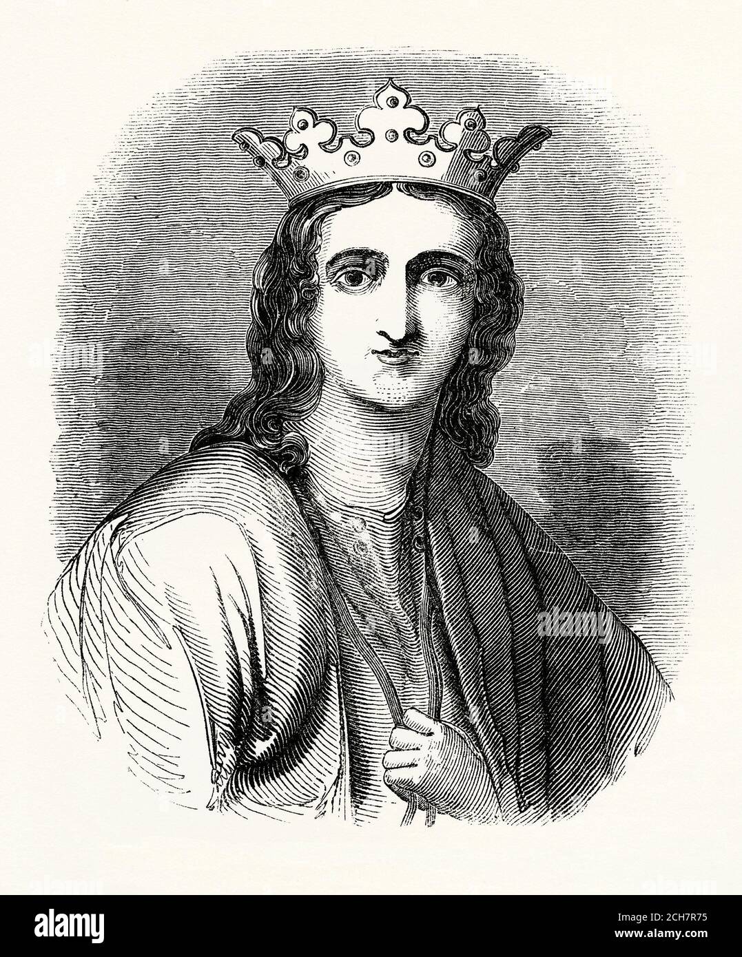 Une ancienne gravure d'Eleanor de Castille (1241–1290). Eleanor était une reine consort anglaise, la première femme d'Edward I, qu'elle a épousée dans le cadre d'un arrangement politique pour donner la souveraineté anglaise sur la Gascogne en Europe. Le mariage était connu pour être particulièrement proche et Eleanor a beaucoup voyagé avec son mari. Elle était avec lui sur la neuvième Croisade, quand il a été blessé à Acre. Lorsqu'elle mourut dans le Lincolnshire, son mari affligé a commandé une croix de pierre à ériger à chaque arrêt de leur voyage de retour à Londres, se terminant à Charing Cross. Banque D'Images
