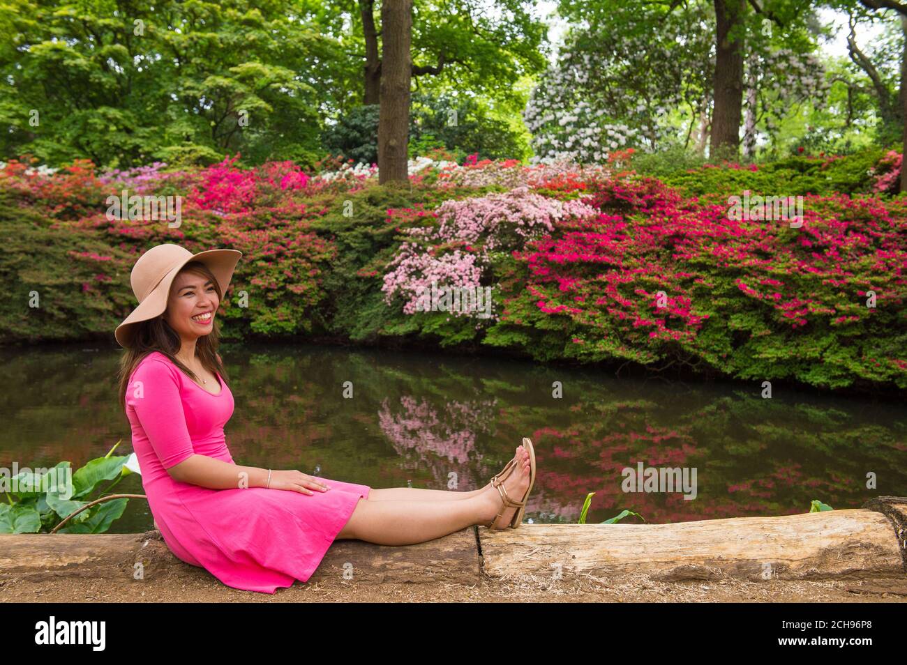 Jhen Papa regarde une exposition de fleurs en fleur, à la Isabella Plantation, à Richmond Park, Londres. APPUYEZ SUR ASSOCIATION photo. Ouverte au public en 1953, la plantation Isabella est un jardin boisé de 40 hectares situé dans une plantation de bois victorienne. Date de la photo: Mardi 17 mai 2016. Le crédit photo devrait se lire comme suit : Dominic Lipinski/PA Wire Banque D'Images