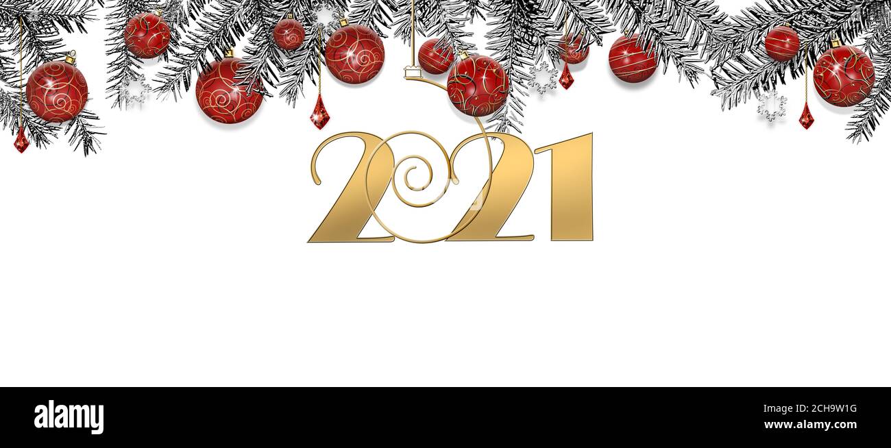 2021 bordure de Noël. Motif Noël de guirlande d'or rouge, avec des boules réalistes, des branches de pin et un chiffre de suspension d'or 2021. Affiche horizontale du nouvel an, Banque D'Images