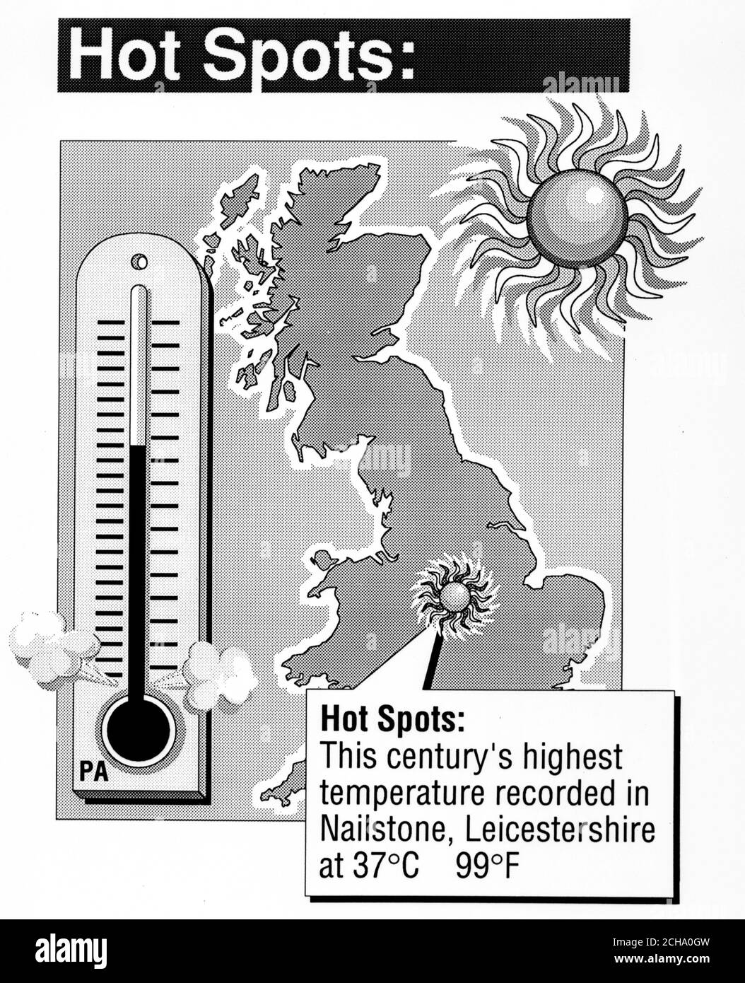 Graphique de l'association de presse de la température la plus élevée enregistrée au XXe siècle. Banque D'Images