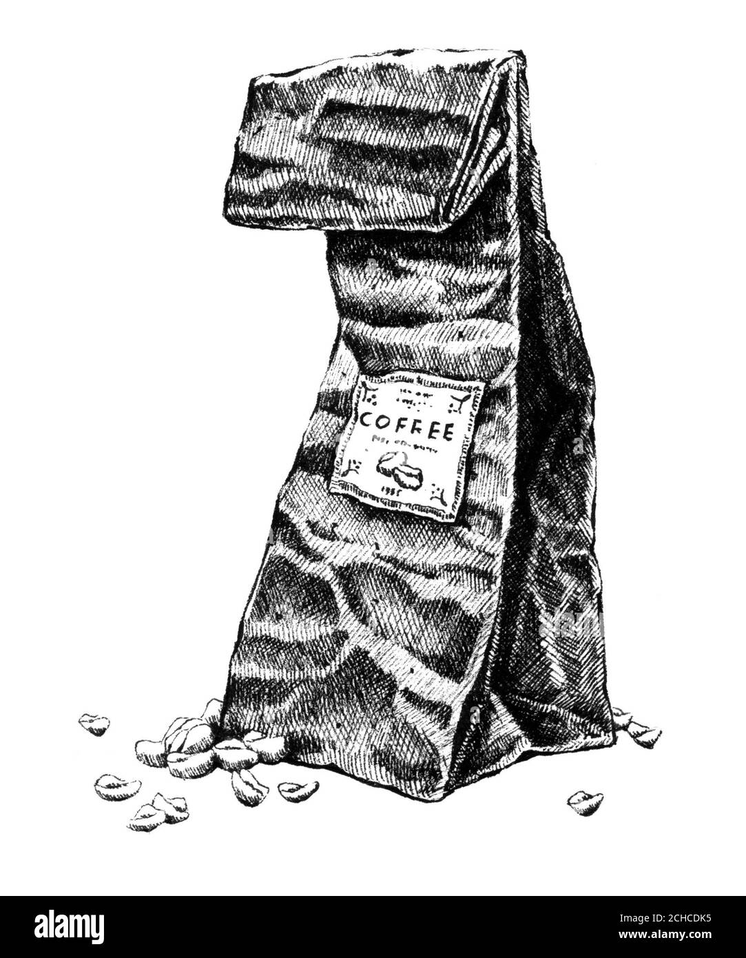 Sac en papier avec grains de café. Illustration en noir et blanc dessinée à la main. JPEG uniquement Banque D'Images