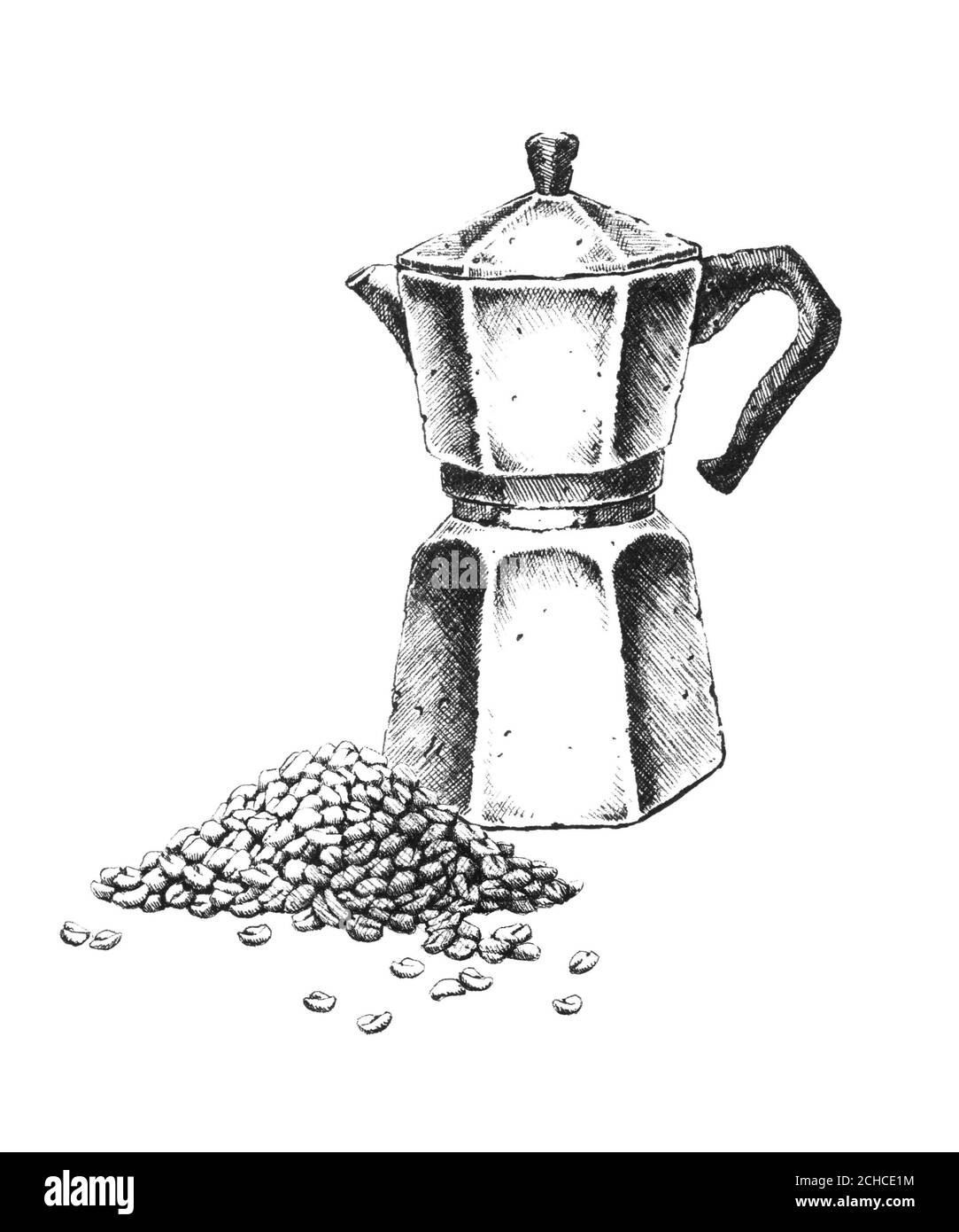 Cafetière geyser. Illustration en noir et blanc dessinée à la main. JPEG uniquement Banque D'Images