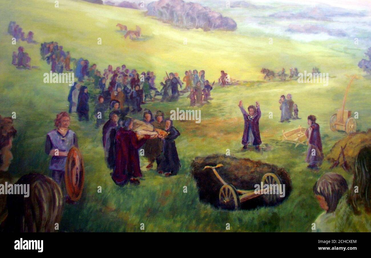 Une illustration qui montre les restes et la cérémonie d'enterrement d'un unique Chariot de l'âge de fer de 2000 ans et un squelette découvert avec lui qui sera exposé au Musée Pontefract, Wakefield. Banque D'Images