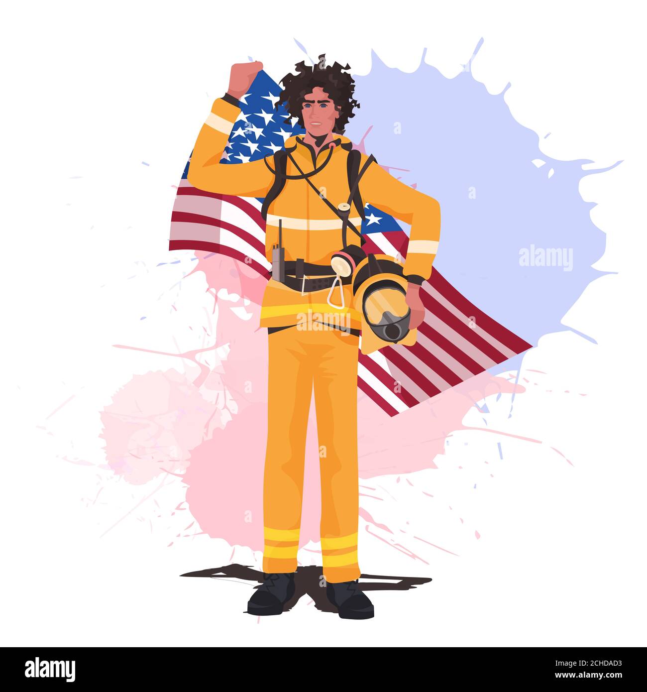 Pompier en uniforme tenant le drapeau des États-Unis joyeux fête du travail concept pompier en combinaison de protection sur toute la longueur illustration du vecteur Illustration de Vecteur