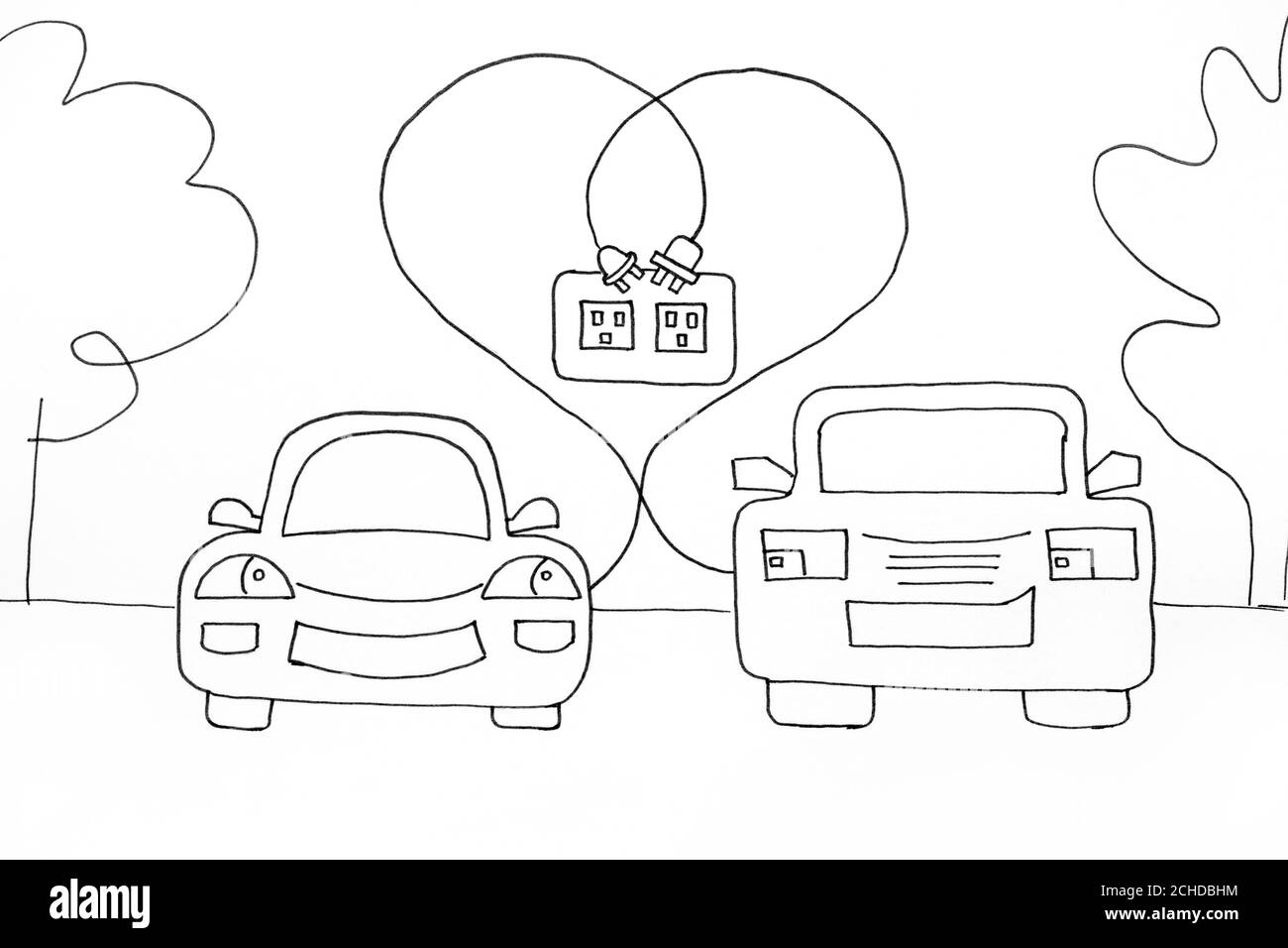 Deux voitures électriques en amour prêtes à se charger. Noir et blanc. Dessin à la main réalisé à l'aide d'un stylo noir. Banque D'Images