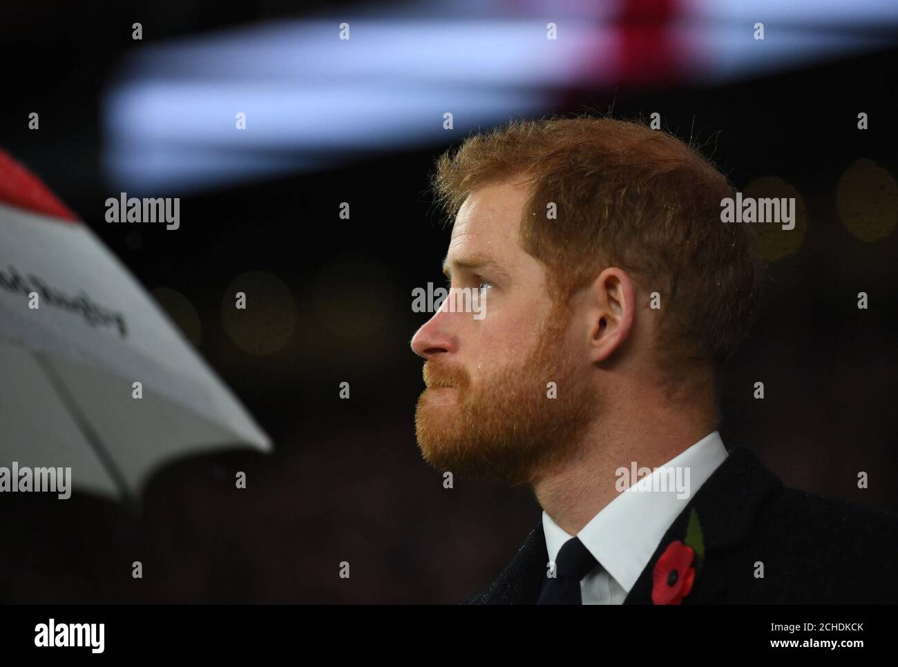 Le duc de Sussex lors d'une cérémonie de pose de couronnes commémorant 100 ans depuis la fin de la première Guerre mondiale, avant d'assister au match de rugby Angleterre/Nouvelle-Zélande au stade de Twickenham. Banque D'Images