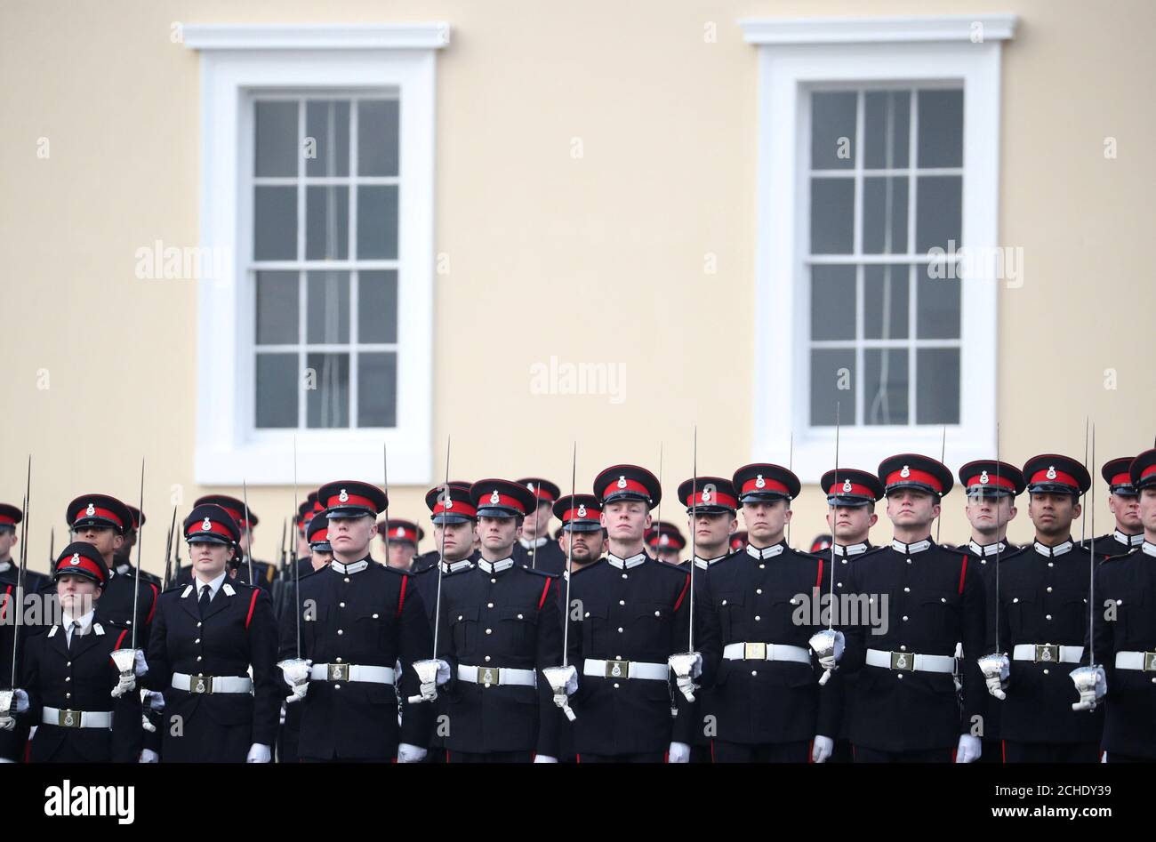 Cadets d'officiers à la Parade de Sovereign à l'Académie militaire royale de Sandhurst à Camberley. Banque D'Images