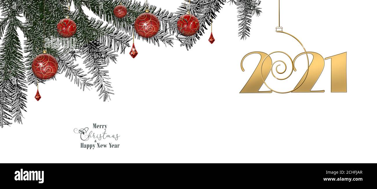 2021 bonne frontière du nouvel an, guirlande de Noël avec boules rouges et chiffre 2021 accroché aux branches de sapin. Affiche de Noël horizontale, carte de vœux, en-tête. Texte Joyeux Noël Bonne Année. Rendu 3D Banque D'Images