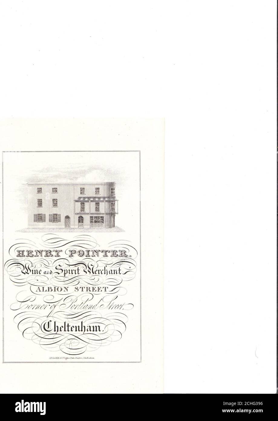 Publicité commerciale du XIXe siècle c1826 pour Henry pointer, Wine & Spirit Merchant, Cheltenham, Royaume-Uni - avec Etching de ses locaux du début du XIXe siècle Banque D'Images