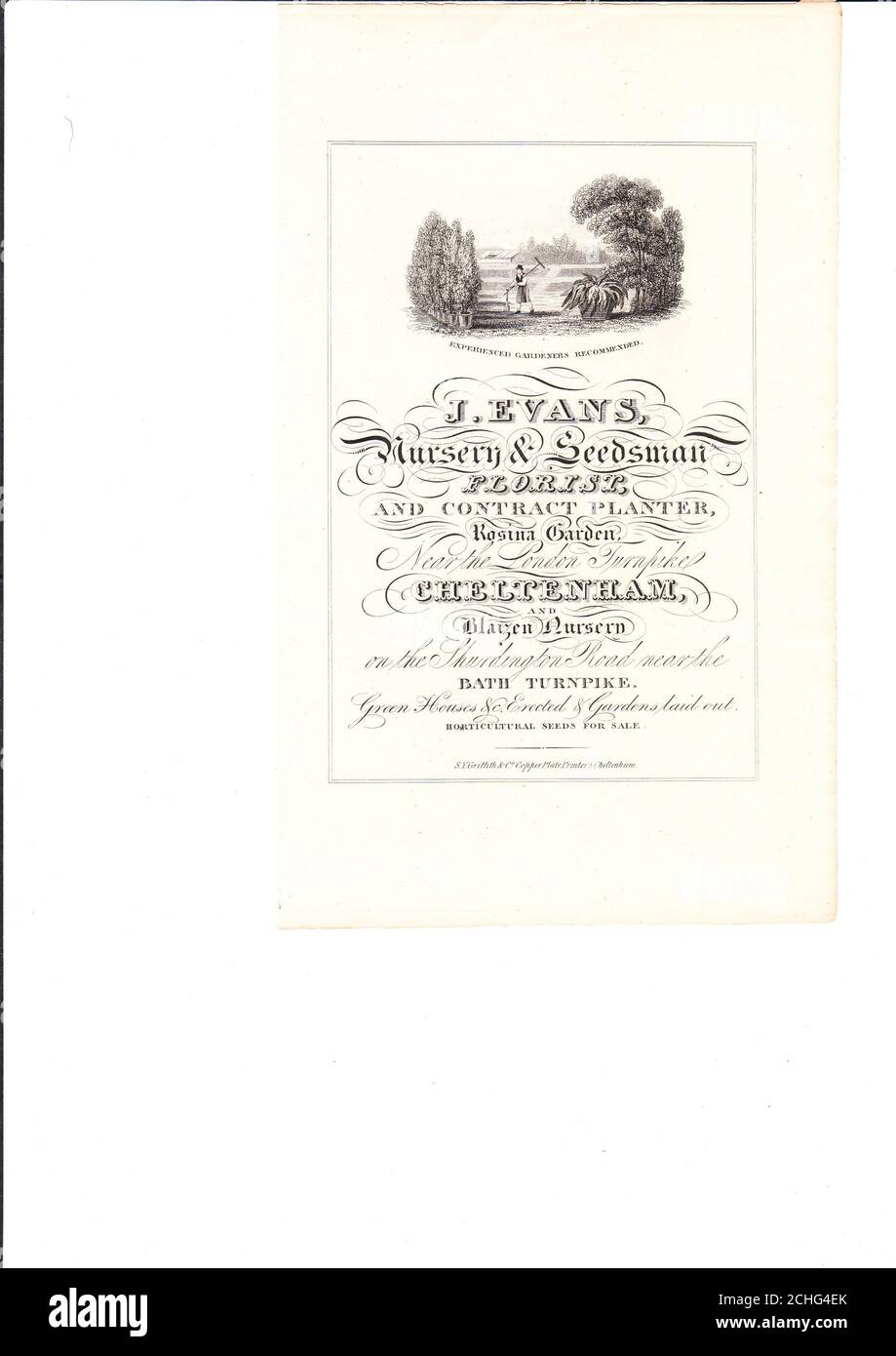 Publicité commerciale du 19e siècle c1826 pour J Evans Market Gardener Cheltenham Royaume-Uni avec de l'illustration d'un jardinier Banque D'Images