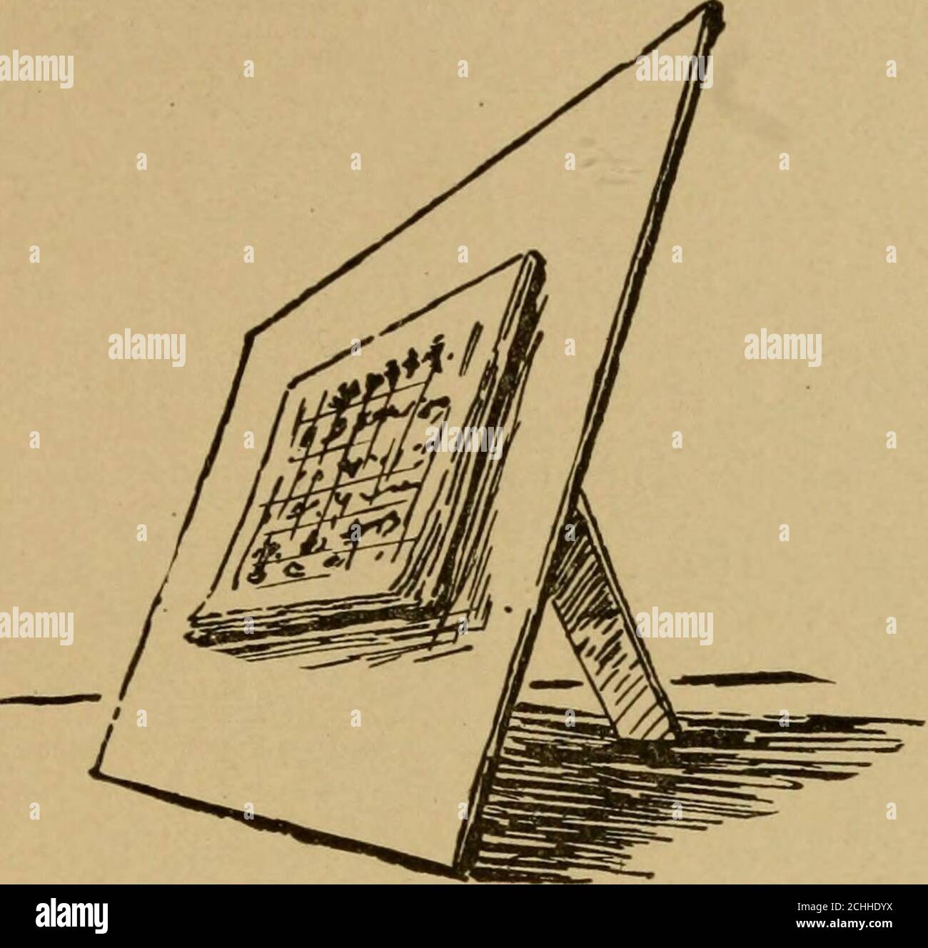 . Premières années en artisanat . el 13 STAND CALENDRIER matériau: (1) emballage lourd, ou tout carton pas toostiff à couper facilement. (2) similicuir. (3) UN rebuts de Manilla, tel qu'utilisé dans le modèle 12. (4) pour la jambe, un peu de70 lb de cartables ou d'autres planches lourdes. (5) UN petit bloc de calendrier environ rj£ X 2^. Dessinez et découpez un rectangle d'emballage lourd 3 X A%-coupez la similicuir d'un demi pouce plus grand de chaque côté. Posez la similicuir face vers le bas. Posez l'autre feuille sur elle, à égale distance des arêtes. Pliez les rabats de projection de la similicuir et collez-les sur le papier, en les coupant au préalable Banque D'Images