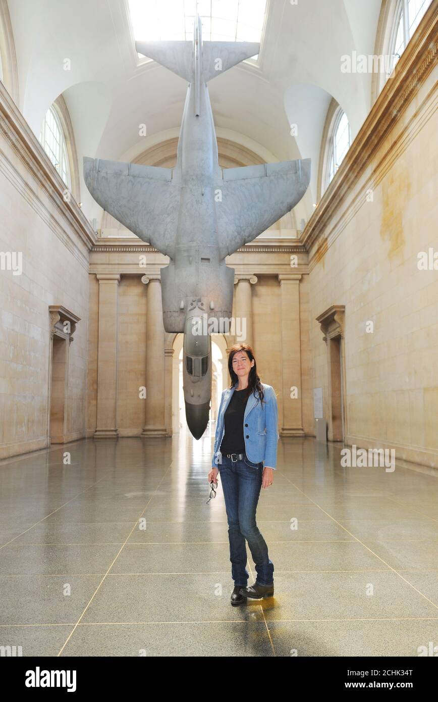 Fiona Banner avec, Harrier - un véritable avion de chasse Sea Harrier suspendu verticalement à Tate Britain , une des deux œuvres créées par l'artiste pour la Commission Duveens 2010. Banque D'Images