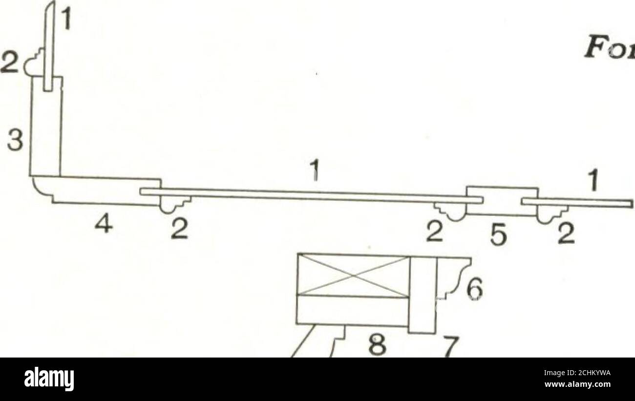 . Bâtiment avec assurance . Salon M-251. n , ^//q L ^ ) y ■ X 16 11 1 &gt; r ^ -^ -f 13 13 / ,J12 , 14 17 L   L ^15 J pièces en bois détaillées ci-dessous pour une illustration individuelle des pièces, voir les pages indiquées dans le dernier colun^n. Page 1 PanelM- 251 85 9 Cornice MoldingM-8013 2 moulure de panneau..M-8619 381 10 Cornice Apron M-8712 3 Stile de Paneling.M- 555 208 11 base M-8426 4 Stile de Paneling.M- 555 208 12 semelle M-84&gt;^ 5 Muntin de 13 caissons [.[ M-8705 Paneling M- 555 208 14 jambage de porte, 6 Cornice MoldingM-8008 373 5}4 large M-8424 7 Cornice Frieze. . M-8615 380 15 butée de porte....; :; Banque D'Images