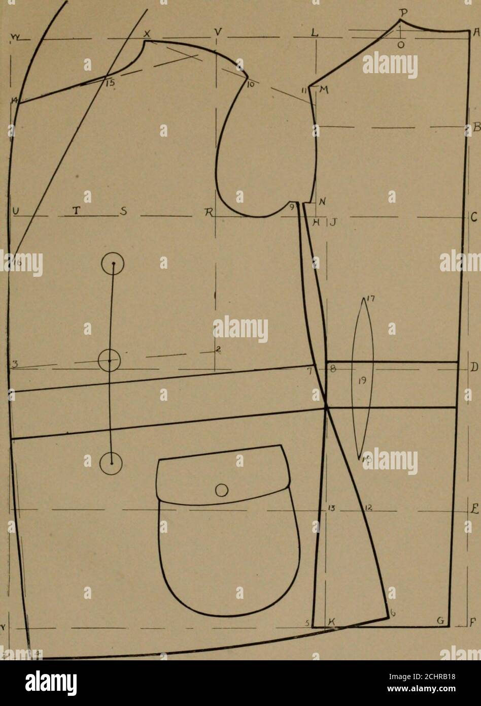 . Concevoir des modèles de pardessus pour les hommes et les jeunes hommes . ..M est à mi-chemin L et la ligne B.M à 11 est V-i pouce.dessiner la ligne P-11.H à N est 1 pouce carré dehors 1 pouce de N à point 9.dessiner la ligne 11-N.H à J est VI pouce.carré bas de J à K.K à 5 est YT. Pouce.façonner la couture latérale N-8-.5.Plait À l'arrière -i j. inch, comme illustré par 17-18.8 FOREPART.C à R est 2/3 de 20 plus 1% pouces.Square up de R à V.V à X est 1 /6 de 20 plus U, InchDrop Epaule I/4. Pouce au point X.la ligne X-10.10 à X est inférieure de % à P à 11.façonner l'épaule 10-X et l'emmanchure 10-9.8 à 7 est de 1/2 pouce.13 à 12 est de 21/2 pouce. Banque D'Images