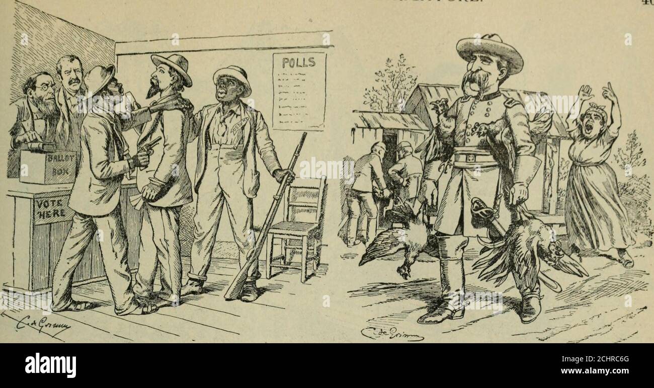 . Examen des revues et du travail du monde . •^-t--^f & lt;^ NEW YORK ET LE TAMMANY TIGER. Maintenant ou jamais! Il en était ainsi, et il en sera ainsi, je^ thecitizens n'ont pas le courage d'attaquer la bête.—FromHallo, [New York], octobre 5. ENTRE LES MAINS DE SES AMIS. Grover Cleveland.—Je suis entre les mains de mes amis.M. Cleveland a accédé aux demandes de la Tammanymachine. Tammany va maintenant diriger la campagne de Cleveland dans l'État de New York.—du juge, septembre 24. HISTOIRE ACTUELLE EN CARICATURE. 405 CE QUE SIGNIFIE LE PROJET DE LOI DE FORCE. LES TISSERANDS GÉNÉRAUX DE GUERRE RECORD DEUX DESSINS AFFICHÉS SUR DE GRANDES FEUILLES DANS LA SOUT Banque D'Images