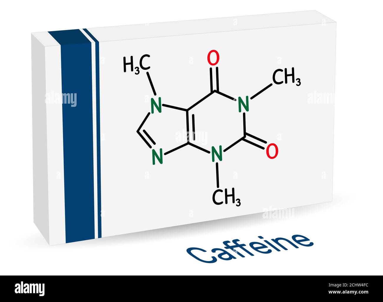 Caféine, alcaloïde purine, molécule de médicament psychoactif. Emballage en papier pour médicaments. Illustration Banque D'Images