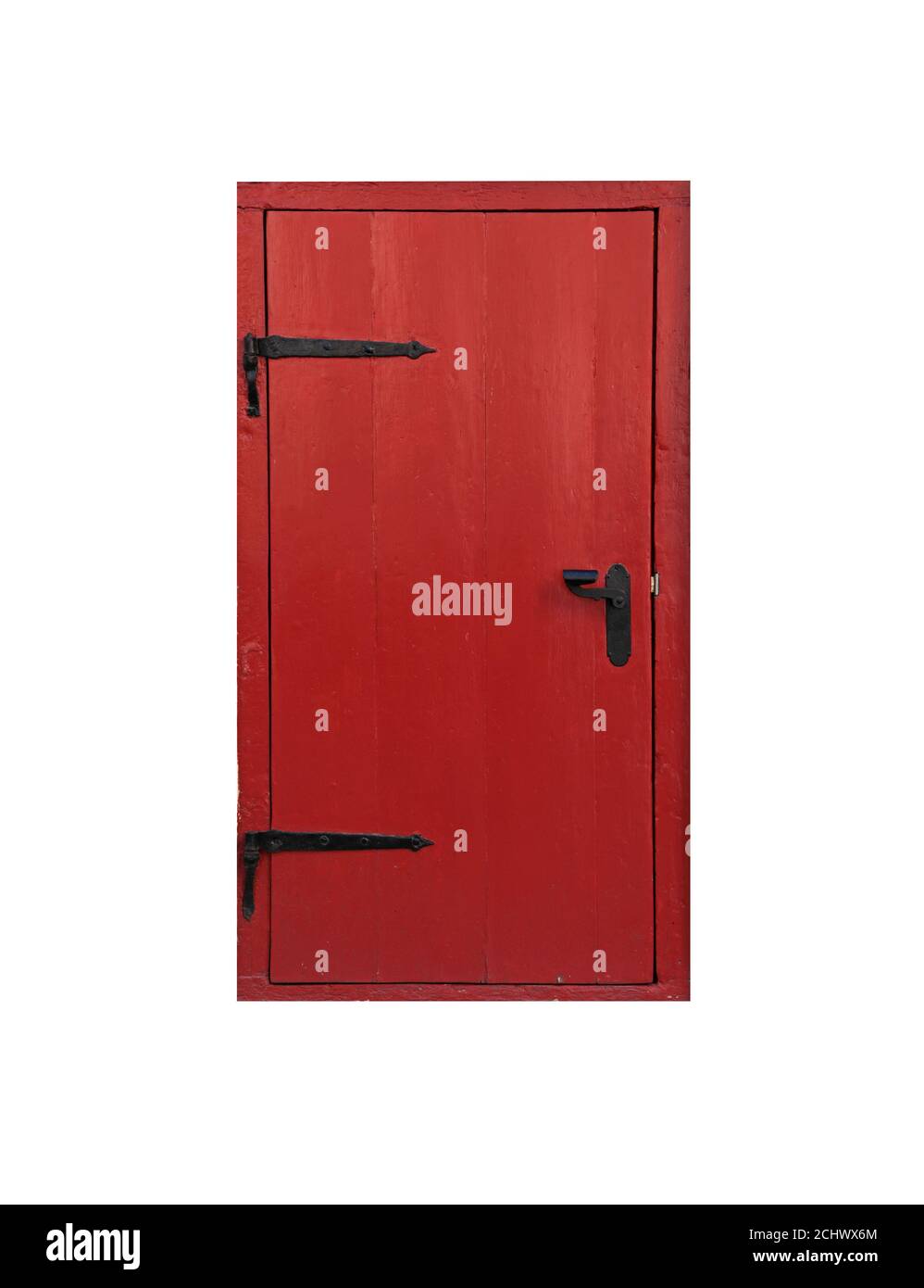 Petite porte en bois rouge isolée sur fond blanc Banque D'Images