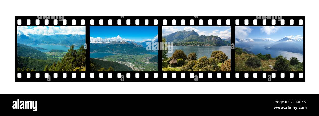 Paysages du lac de Côme sur bande de film isolée sur fond blanc Banque D'Images