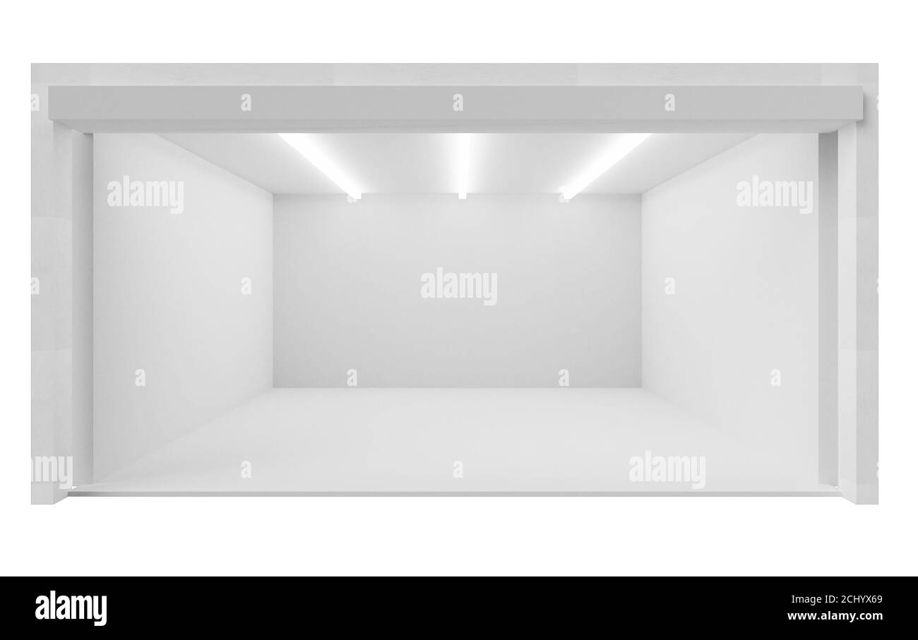 Vitrine d'un espace commercial vide, illustration de rendu 3d de marché. Boutique avec murs blancs sans mobilier. Banque D'Images