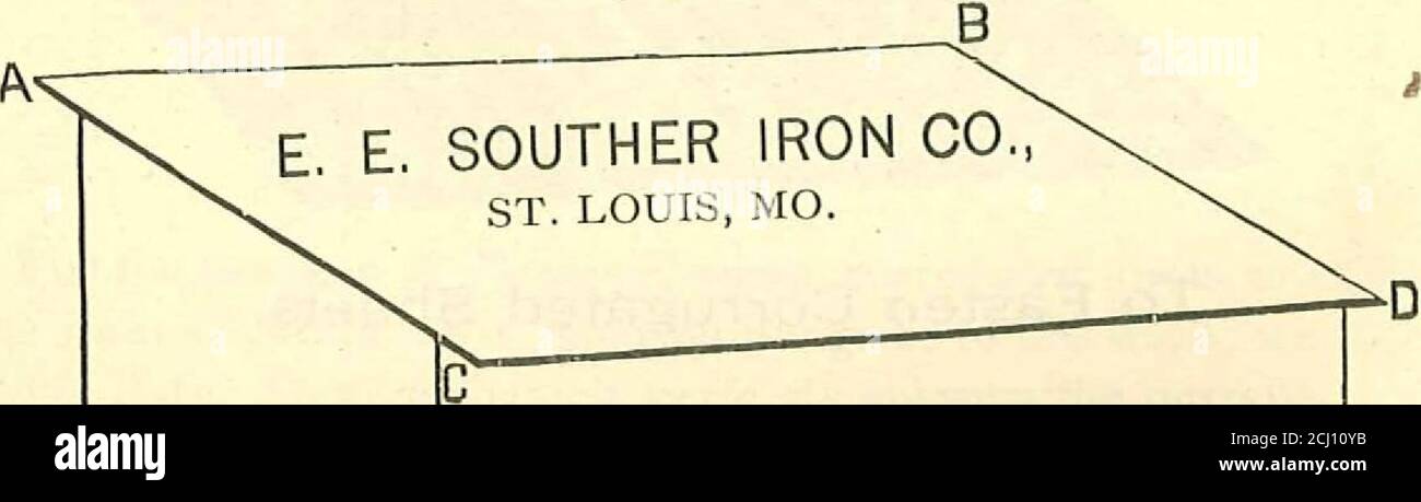 . No de catalogue de la toiture 9 . E. E. SOUTHER IRON CO., ST. LOUIS, MISSOURI. H pour compléter le toit d'un tel bâtiment (Fig. 46, No. 1) il est indispensable que le peigne et le capuchon soient utilisés, comme weKnow d'aucun autre moyen de faire le pic ou le peigne étanche, et les clous a?ID rondelles doivent également être commandés au taux de onepound par carré pour fixer les feuilles. Pour les toits décapotés. Les clients qui souhaitent couvrir un hangar (Fig. 47, no 2) la couverture doit donner la longueur des lignes A à B et B à D. Fig. 47. N° 2.. wh le recouvrement d'extrémité est suffisant, pour le revêtement d'un pouce d'extrémité Ubut permettre une ondulation dans ou Banque D'Images