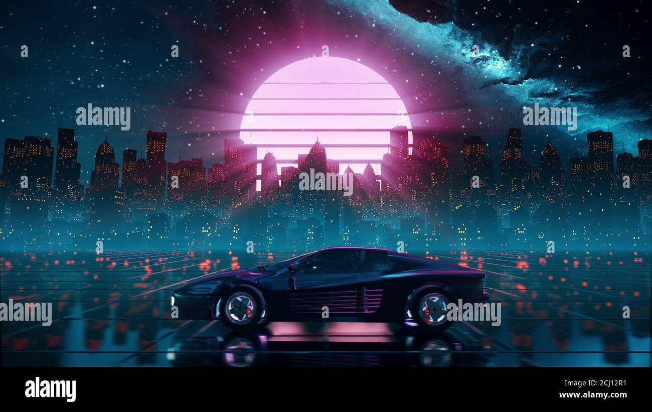 arrière-plan futuriste rétro des années 80. Ville de science-fiction stylisée dans un style outragun Banque D'Images