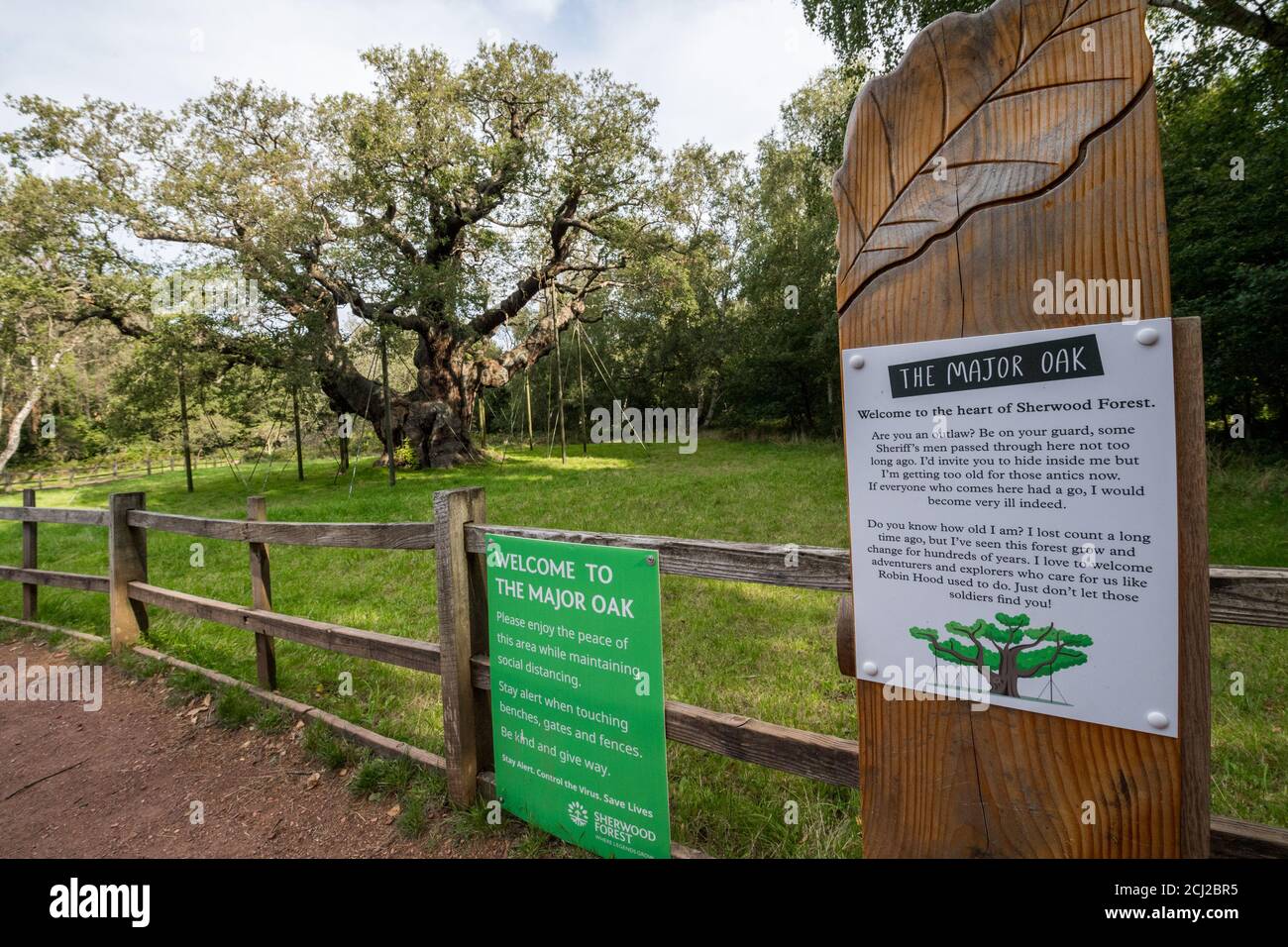 Avis d'avertissement de Covid19 à la principale attraction touristique d'Oak, dans la forêt de Sherwood, dans le tinghamshire. Banque D'Images