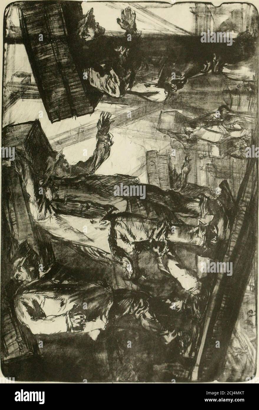 . Frank Brangwyn et son travail. 1911 . utilise son talent, l'invention, son labeur, non pas pour ennoble sa vie quotidienne avec des choses qui font d'elle-même, mais pour se faire le sport des dangers mécanismsand qu'il crée lui-même. C'est un drame nouveau, puisque les énormes masses de métal et de briques-bâtiments que nous animons avec des machines vibrantes semblent plus importer à l'imagination que n'importe quelle créature humaine littleoccupé qui aide à les travailler. Pour ma position, je ressens une immense tragédie dans le croquis de Brangwyns, un croquis traduit en une célèbre gravure, du cuirassé du giganticuirassé à terre, et des petits porcins W Banque D'Images
