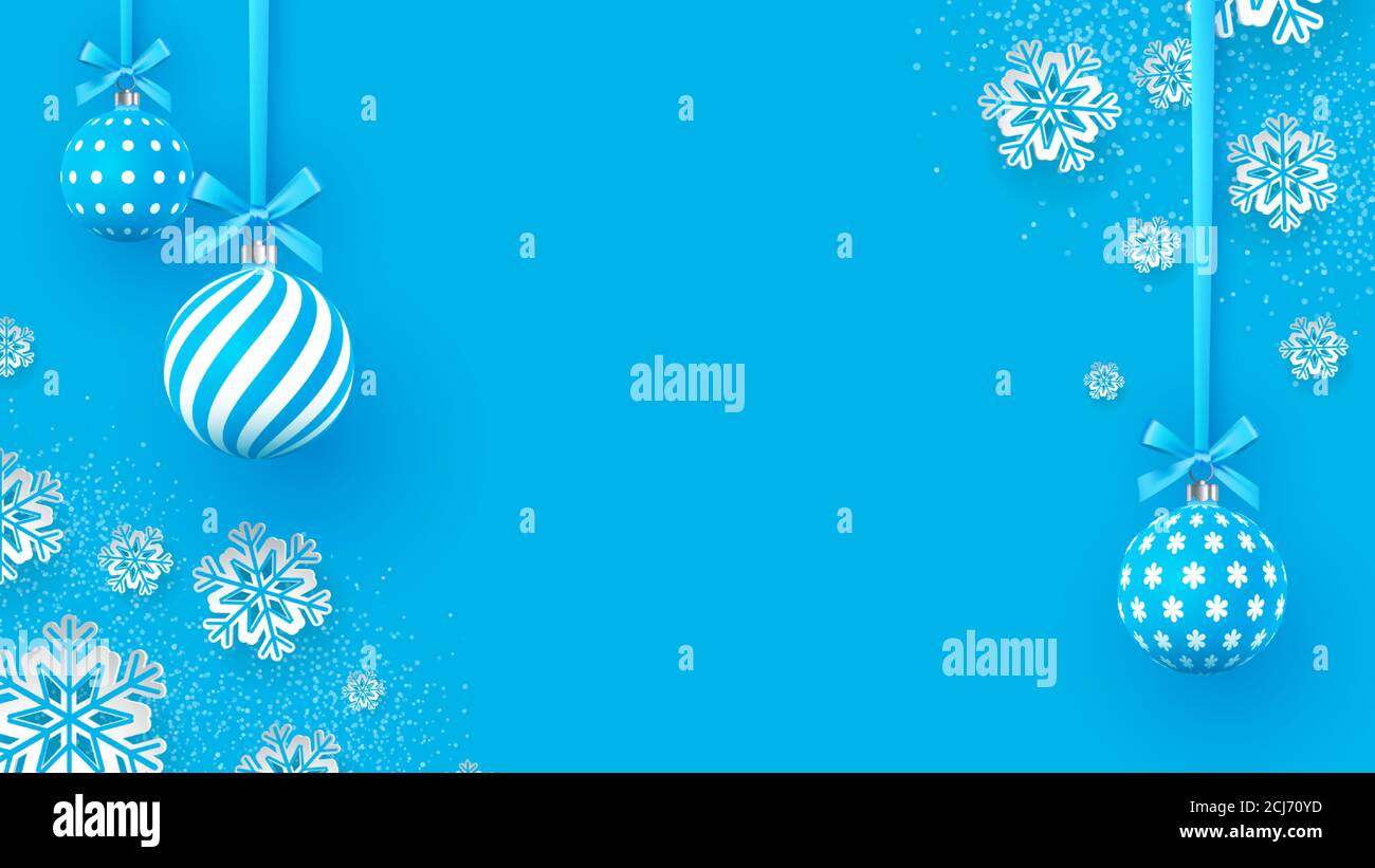 Boules de Noël bleu avec motifs géométriques et flocons de neige. Arrière-plan de Noël abstrait dans des couleurs pastel. Un endroit pour votre texte. Vecteur Illustration de Vecteur